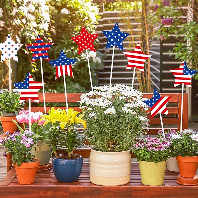JarThenaAMCS 9Pcs Patriotic Star Metal Planter Stakes 4th of July Decorative Garden Stakes Star and Stripes Yard Sign for Planter Pot Walkway Lawn Independence Decor
