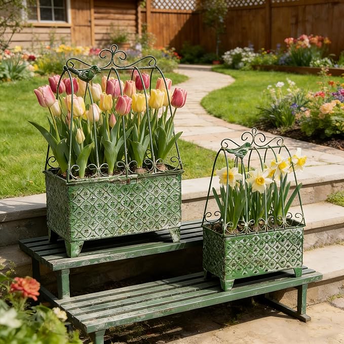 2-Piece Vintage Green Metal Birdcage Planter Set, Decorative Flower Pots with Ornate Design for Indoor Outdoor Garden Decor, Distressed Planters (Green)