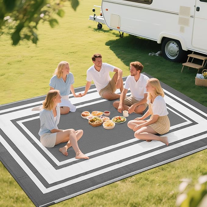 RURALITY Outdoor Rug 9x12 Waterproof for Patio Clearance,Large Plastic Straw Mat for Camping,Porch,RV,Reversible,Grey&White
