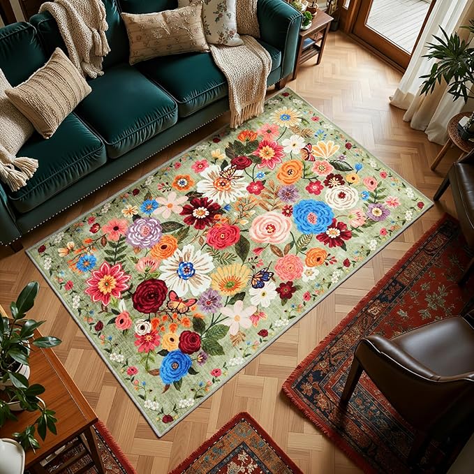 Green Living Room Rugs, Area Rugs 5x8 Rug for Bedroom Ultra-Thin Soft, Non-Slip Washable Rugs Stain Resistant Boho Rug Low-Pile Throw Rug for Dining Room Office (5 x 8, Green Garden)