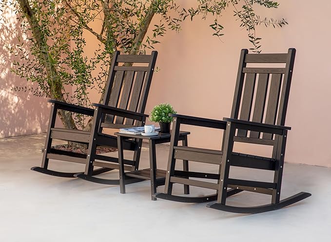 KINGYES Oversized Outdoor Rocking Chair Set of 6, All-Weather Patio Rocking Chairs for Porch, HDPE Outdoor Patio Rockers with High Back & Wide Seat for Garden, Lawn, Black