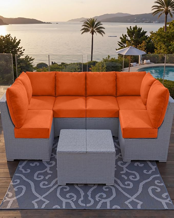 Luxury 24x24x6 Outdoor Corner Cushion 1 Set - Water-Repellent 3-Piece Cushion Set with Zipper for Outside Rattan Wicker Sofa Loveseat Chair Sectional Patio Conversation Sets - Orange/Classic