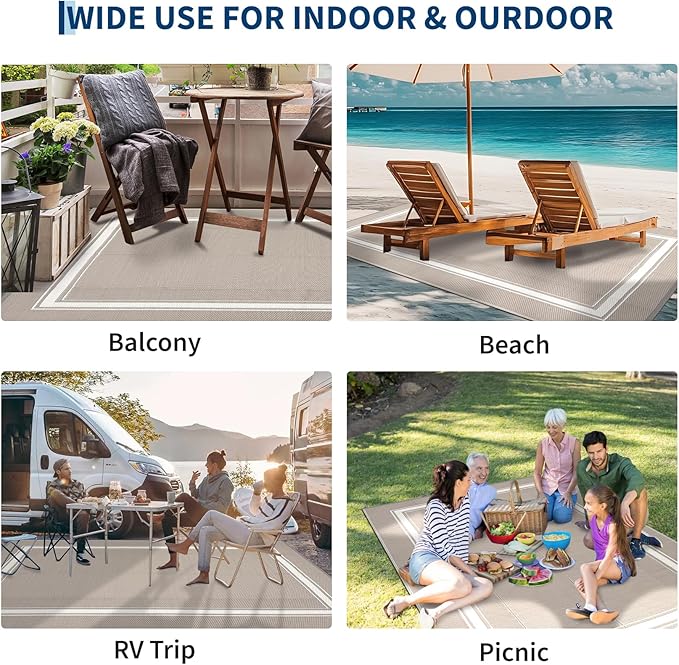 Outdoor Rug 9x18 Waterproof Reversible Mat All Weather Outdoor Plastic Straw Rus Carpet UV Resistant Modern Bordered RV Mat Carpet for Patio Deck Balcony Pool Picnic Grey/White