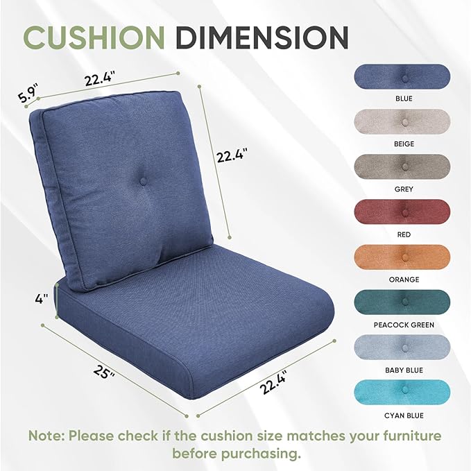 Outdoor Chair Cushion Set of 2, Waterproof Outdoor Seat Cushions 25x22, Patio Chair Cushions for Outdoor Furniture, Couch Cushion Replacement, Include 2 Back & 2 Seat Cushions, Button/Blue