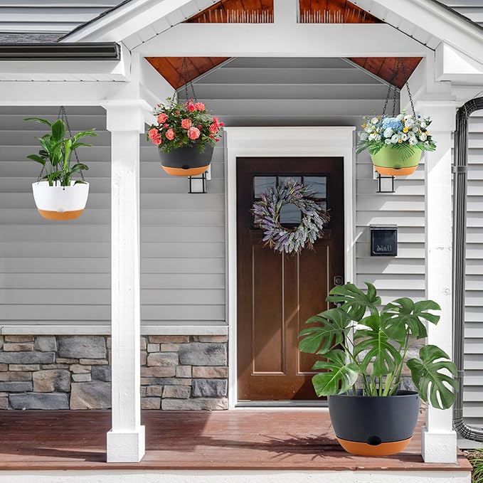 8/8/10/12 Inch Pots for Indoor Plants, 4 Pack Large Self Watering Planters with Drainage and Saucers, Plastic Outdoor Flower Pot(White)