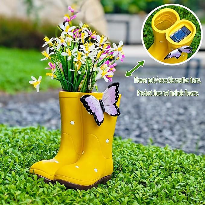 Garden Boots Planter Set with Butterfly Decoration, Outdoor Resin Flower Pot for Patio and Porch, Whimsical Waterproof Gardening Decor, Cute Gardening Gift for Women and Men (yellow)