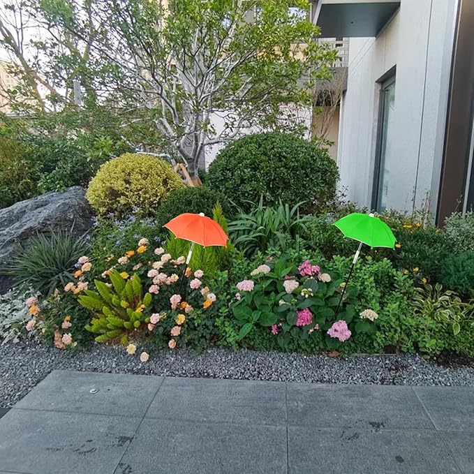 2 PCS Plant Umbrellas, 10.6 Inch Diameter Small Mini Adjustable Height (23.2-31.1 Inch) Shade Umbrella for Outdoor Potted Plants Garden Bed Flower Pot Decor (Green and Orange)