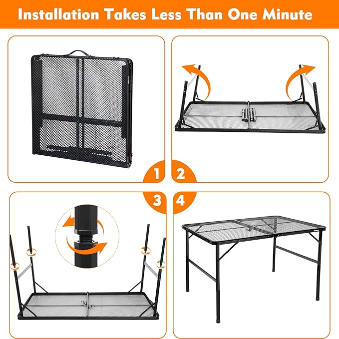 4 ft Folding Table with Adjustable Height (16.5" & 26"), Black Metal Mesh Table with Carry Handle, Portable for Outdoor BBQ, Grill, Family Gathering & Prep, Fits 4–8 People, 8.8 lb, Supports 66 lb