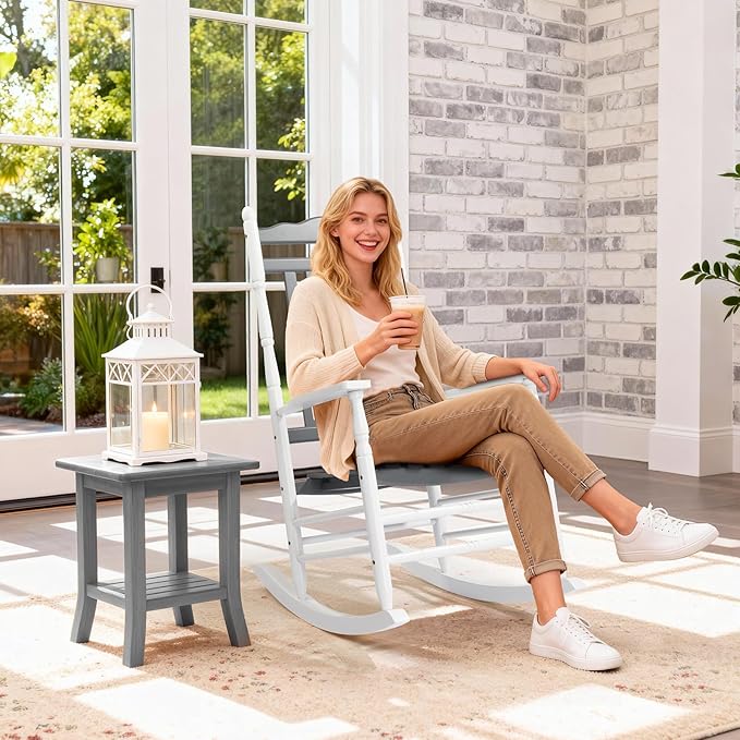 VINGLI Wooden Rocking Chair, Outdoor Chair with 450 lbs Support, Relaxing Rocker with Solid Wood High Back Seat Reclining Seat for Deck, Garden, Backyard, Porch (White & Grey, 2PCS)