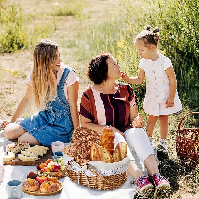 Picnic Basket with Blankets and Bamboo Plates Picnic Supplies Set Basket with Lid and Handle Wicker Picnic Basket Sturdy Woven Body with Washable Lining for Camping (White)