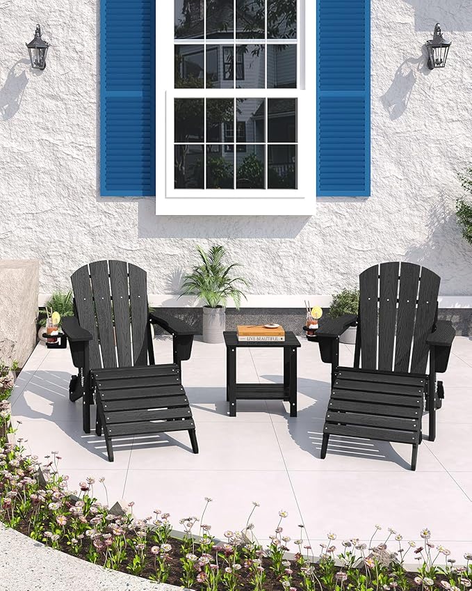 Folding Adirondack Chair Set of 4 with Ottoman, All-Weather HDPE Outdoor Chair, Wooden Textured with Cup Holder for patios, Decks, Gardens, fire pits, Black