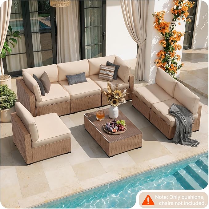SUNCOZE 14-Piece Outdoor Cushions for Patio Furniture, 25.6"x25.6" Couch Cushion Replacement Designed for 6-Seat Sectional Sofa Sets, Anti-Slip Patio Cushions for Garden, Backyard, Porch (Khaki)