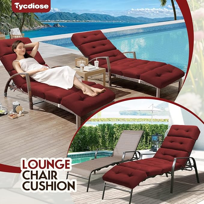 All Weather Chaise Lounge Cushions Outdoor Lounge Chair Cushion, Waterproof Memory Foam Chaise Lounger Chair Cushion Replacement for Outdoor Patio Furniture with Non-Slip Back and Ties, Red
