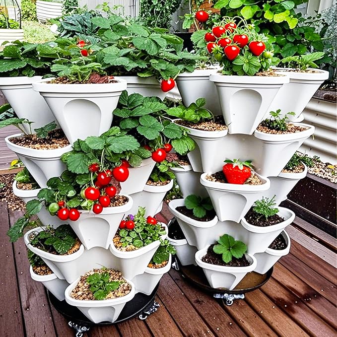 7 Tiered Strawberry Planters 2 Pack, Vertical Stackable Planter, Herb Stacking Tower Garden, Flower and Vegetable Planters with Support Pole Indoor & Outdoor with Removable Wheels - White