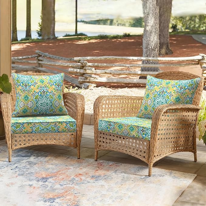 Outdoor Deep Seat Cushion Set, Water Repellent 24"x24" Patio Thick Cushions Replacement with Seat & Back Pillow for Patio Sofa, Wicker Chair, Couch - Damask Green