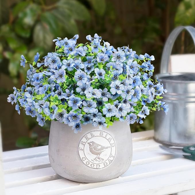 Artificial Flowers Outdoor Faux Plants UV Resistant Fake Patio Flowers Plastic Greenery Plnats Outside Bulk for Spring Garden Hanging Planter Home Vase Decor, 24 Bundles (Blue)