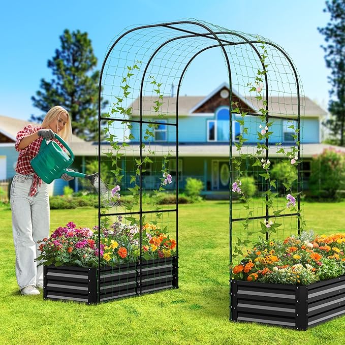 DoCred 3 in 1 Raised Garden Bed with 87in Tall Arch Trellis for Climbing Plants, Galvanized Planter Garden Box Outdoor for Gardening, Climbing Vegetables, Flower, Black