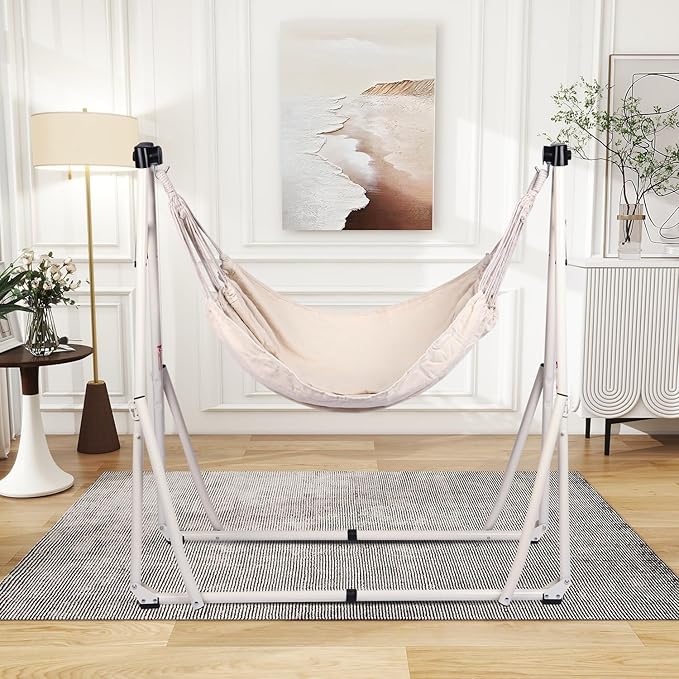 2 in 1 Hammock with Stand - Portable Hammock & Swing Chair, No Tools Assembly, with Carry Bag, Indoor Outdoor for Patio, Garden, Camping, Apartment (White)