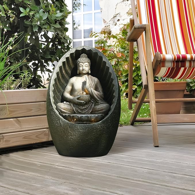 Water Fountain Outdoor Half-Encased Egg-Shaped Zen Buddha Fountain Indoor with Light Pump, Tranquil Relaxing Water Feature for Home Garden Patio Yard Balcony & Meditation Room, Brown