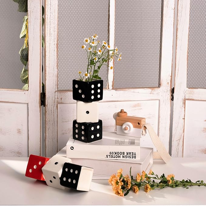 Unique Handmade Dice Vase - Stylish Black & White Ceramic Decor for Home, Bar | Geometric Design Perfect for Fresh, Dried, or Artificial Flowers | Eye-Catching Centerpiece & Decorative Accent