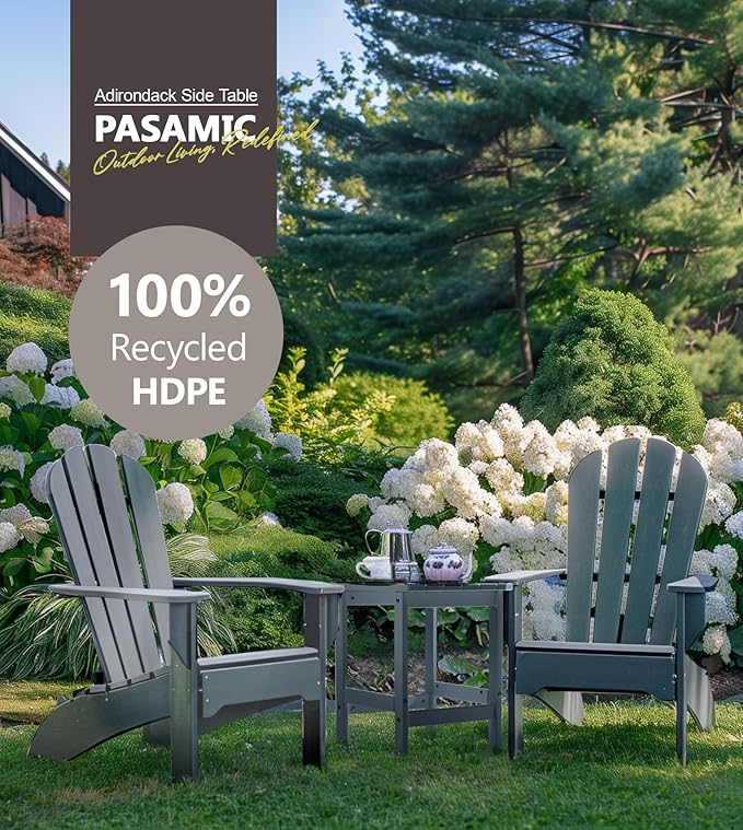 PASAMIC Adirondack Square Outdoor Side Table, HDPE Small Outdoor Table, Patio End Table for Patio, Pool, Backyard, Weather-Resistant (Grey)