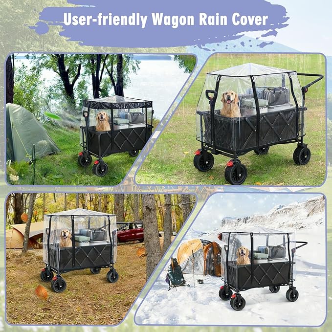 Rain Cover for Wagon Waterproof Canopy for Collapsible Folding Carts Strollers Wagon Cart Cover with Zippered Side Wagon Accessories for Camping Picnic Shopping Garden Outdoor Activities (Black)