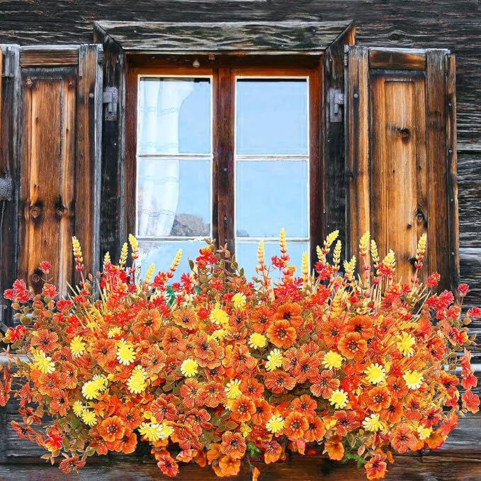 16 Bundles Fall Artificial Flowers for Outdoor, No Fade Faux Autumn Plants with Daisy Camellia Eucalyptus Lavender Stems for Front Door Porch Patio Yard Balcony Autumn Decor Thanksgiving Table