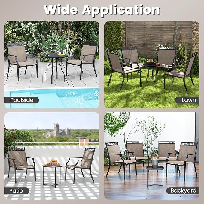 Giantex Patio Chairs Set of 2, Outdoor Chairs with All Weather Fabric, High Backrest, Armrests, Heavy Duty Metal Armchair, Outside Dining Chairs for Porch Lawn Garden Yard Pool (Light Brown & Black)