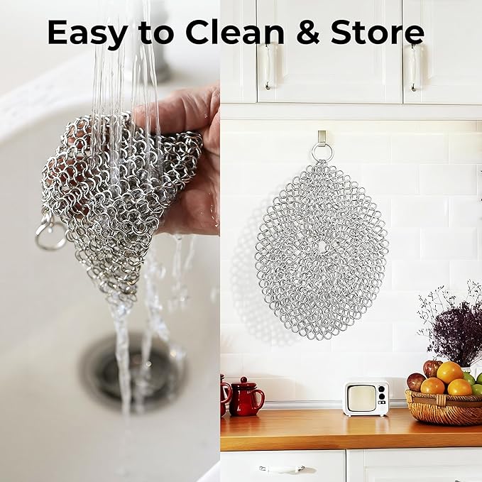 AMAGABELI GARDEN & HOME 8”x8” 316L Cast Iron Cleaner Stainless Steel Chainmail Scrubber for Cast Iron Pan Skillet Cleaner Dishes Pot Dutch Oven Wok Grills