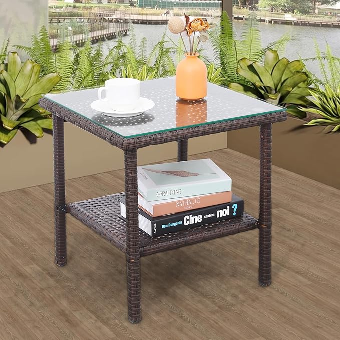 Valita Outdoor Wicker Glass Top Side Table - Garden Metal Square Tea Table with Storage, Brown