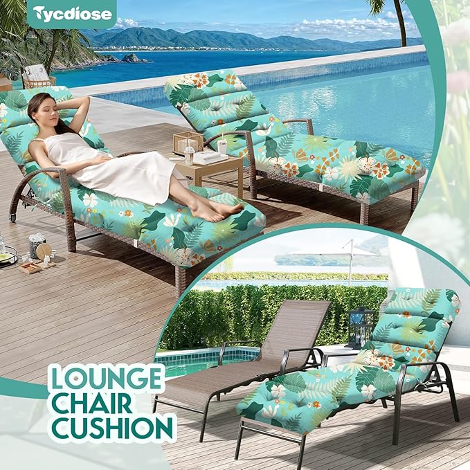 All Weather Chaise Lounge Cushions Outdoor Lounge Chair Cushion, Memory Foam Chaise Lounger Chair Cushion Waterproof for Outdoor Patio Furniture with Non-Slip Back and Ties, Cyan Floral Leaf