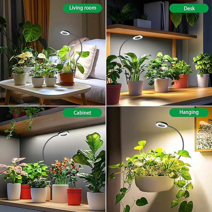 Plant Light 2 Pack, Clip on Grow Lights for Indoor Plants, LED Full Spectrum Halo Grow Lamp with, 6/12/16H Timer, 5 Dimmable, 3 Modes, 2 Installation Options Clip or Plug