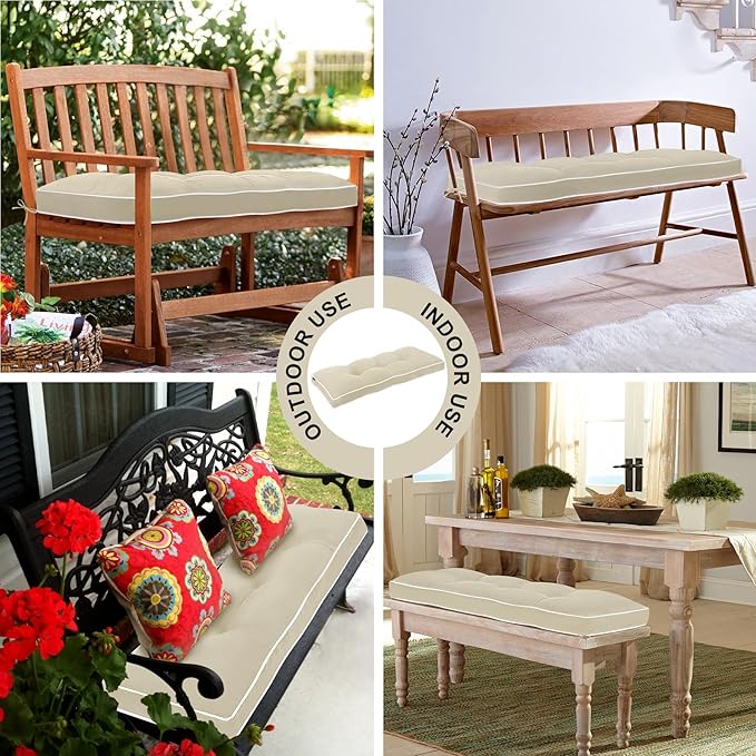 Favoyard Indoor/Outdoor Bench Cushion 48 x 16 Inch Waterproof & 3-Year Fade-Resistant Patio Furniture Cushions for Garden Porch Swing Chair Tufted Pad for Sofa Couch Seat with Ties, Beige
