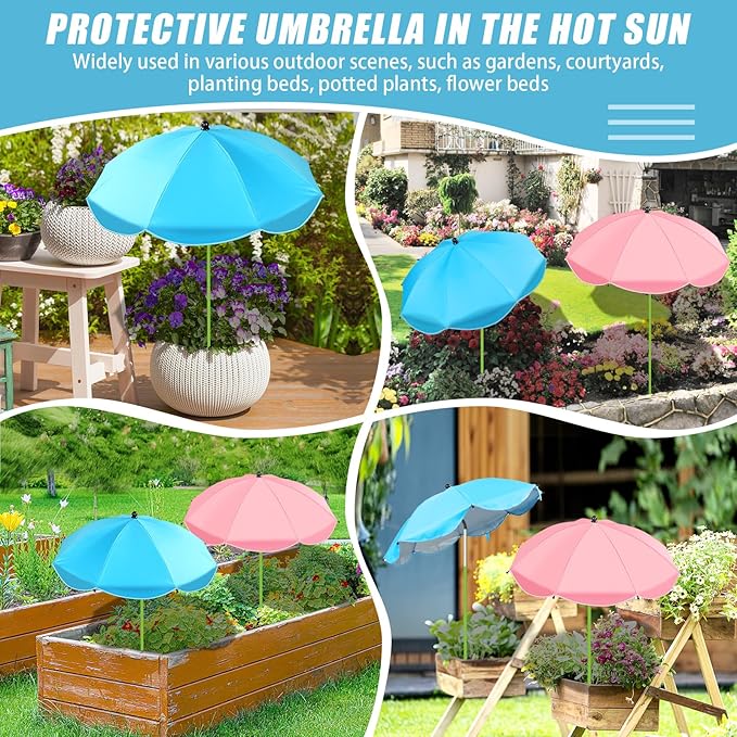 2 Pack Upgraded Plant Umbrellas for Outdoor Plants, 26" Larger Garden Plant Umbrella Shade with Adjustable Angle, 43.4" Higher Sun Shade for Plants, Potted Plant, Garden Beds (Pink & Blue)