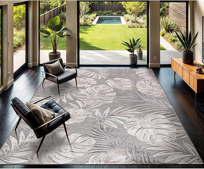 CAMILSON Indoor Outdoor Rug, Beige 9’x12’ Leaf Tropical Botanical Area Rugs for Indoor and Outdoor patios, Easy-Cleaning Non-Shedding Living Room, Garden and Kitchen Washable Outside Carpet (9x12)