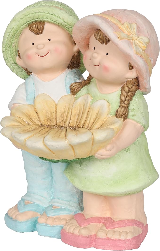 Alpine Corporation QWR1372 Boy and Girl Holding Sunflower Birdbath, Playful Child Statue with Birdbath, 17" H, Multicolor