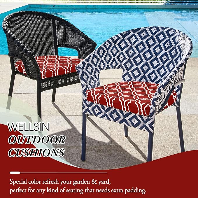 Wellsin Outdoor Chair Cushions for Patio Furniture - Patio Chair Cushions Set of 4 - Water Resistant Round Corner Outdoor Seat Cushions 17"X16"X2", Trellis Red