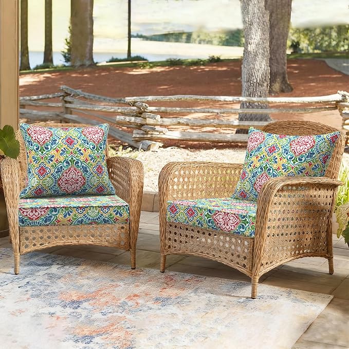 Outdoor Deep Seat Cushion Set, Water Repellent 24"x24" Patio Thick Cushions Replacement with Seat & Back Pillow for Patio Sofa, Wicker Chair, Couch - Damask Red