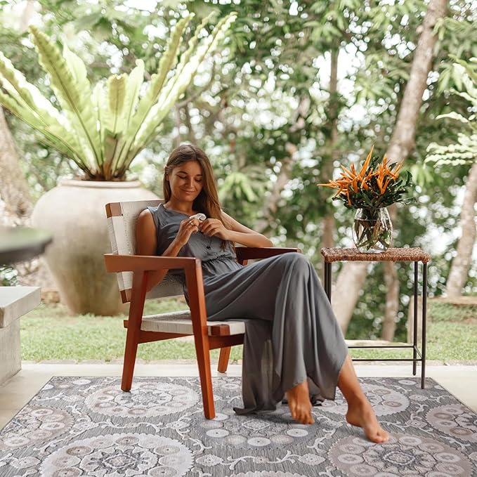CAMILSON Indoor Outdoor Rug 6x9 Bohemian Medallion Floral Area Rugs for Indoor and Outdoor Patios Easy-Cleaning Non-Shedding Living Room Garden and Kitchen Washable Outside Carpet (6 x 9 / Beige)