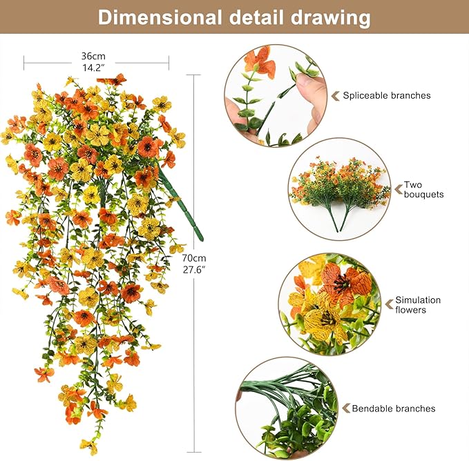 Artificial Hanging Flowers Plants for Outdoor Spring Summer Decoration,2PCS Faux Silk Daisy UV Resistant Look Real for Outside Home Indoor Planter Porch Garden Yard Decor(Yellow Orange)