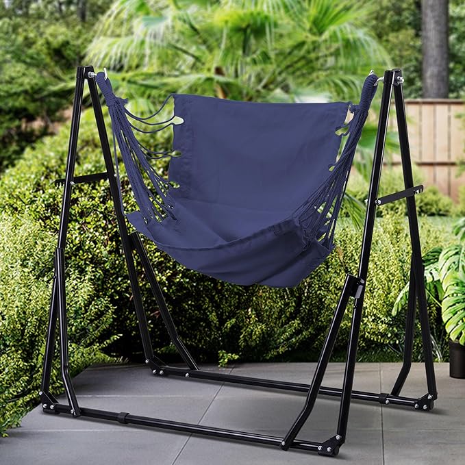 Ainfox Hammock with Foldable Stand, 2 in 1 Hammock and Swinging Chair with Carrying Bag, Portable Camping Chair Suitable for Outside, Swing,Patio,Garden,Camping Trip Blue