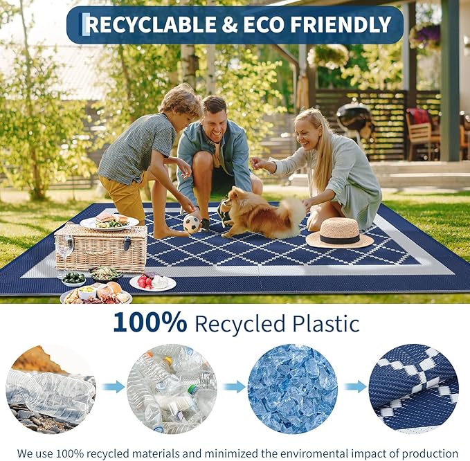 COZYLOOM Outdoor Plastic Straw Rug 9x12 Reversible Waterproof Outdoor Rug for Patio, Large Modern Boho Carpet, RV Mat for Deck, Balcony, Camping, Beach, Picnic, Navy&White