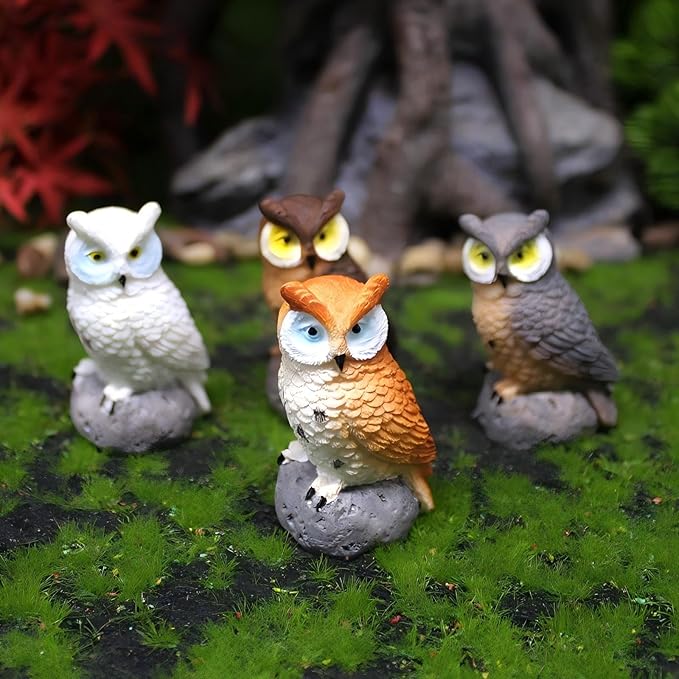 Mini Owl Figurines, Set of 4, Garden Decor Miniatures, Fairy Garden Accessories, Small Owls