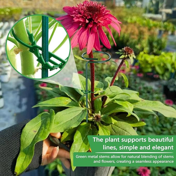 Huakaile 4 Packs Adjustable 35.4" Plant Stakes and Supports with 30 Pieces 9" Twist Ties, Green Plant Holder Stick Outdoor Indoor, Metal Flower Support Stakes Rings for Gardens Vegetables (90 cm)