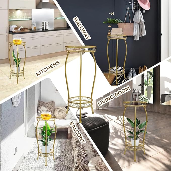 Plant Stand Indoor Outdoor,Tall Gold Metal Rustproof Stable Plant Stands,2 Tier 27.1 inch Multiple Plant Rack Holder Rack Flower Pot Stand Heavy Duty Plant Shelf (Gold)