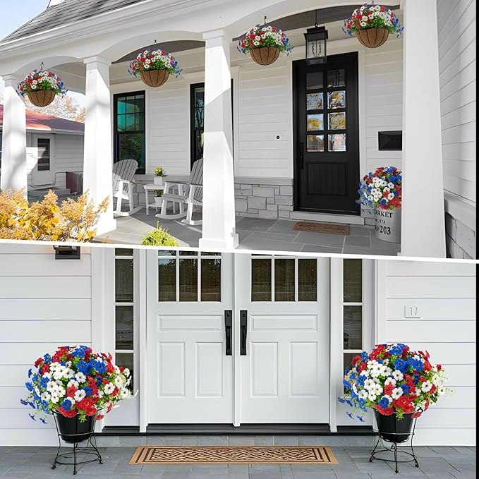 Hananona 2 Set Artificial Outdoor Flowers with Hanging Basket, 2 Hanging Planters with 24 Pcs Patriotic Flowers for Summer Front Porch Patio 4th ofJuly Decor (2, Red, White, Blue)