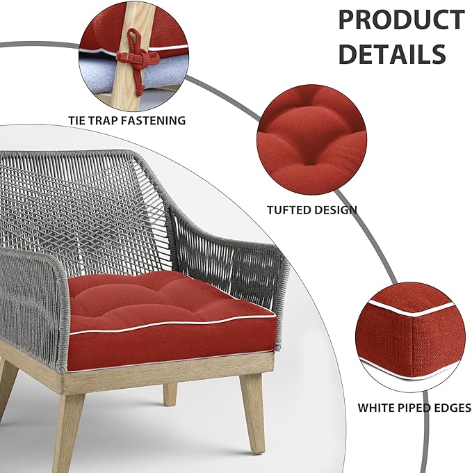 Favoyard Patio Cushions 17 x 17 Inch Indoor & Outdoor Chair Cushions Water-Resistant Seat Cushion for Patio Furniture 3-Year Color Fastness Square Tufted Couch Chair Pads with Ties, 2 Pack, Red