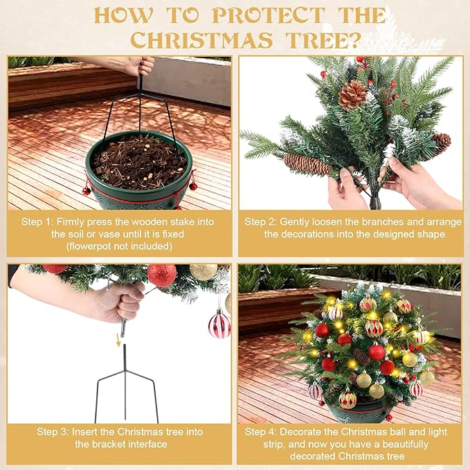 2 Pack Christmas Tree Urn Filler Battery Operated Pre-lit Xmas Pine Trees with Christmas Balls Tripod Stake LED Lights for Porch Yard Garden Outdoor Holiday Decorations