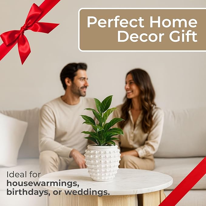 Modern Ceramic Flower Pot with Bubble Texture – Decorative Round Stoneware Planter for Indoor and Outdoor Plants – Unique Contemporary Accent for Garden, Patio, or Home Decor – 9" White