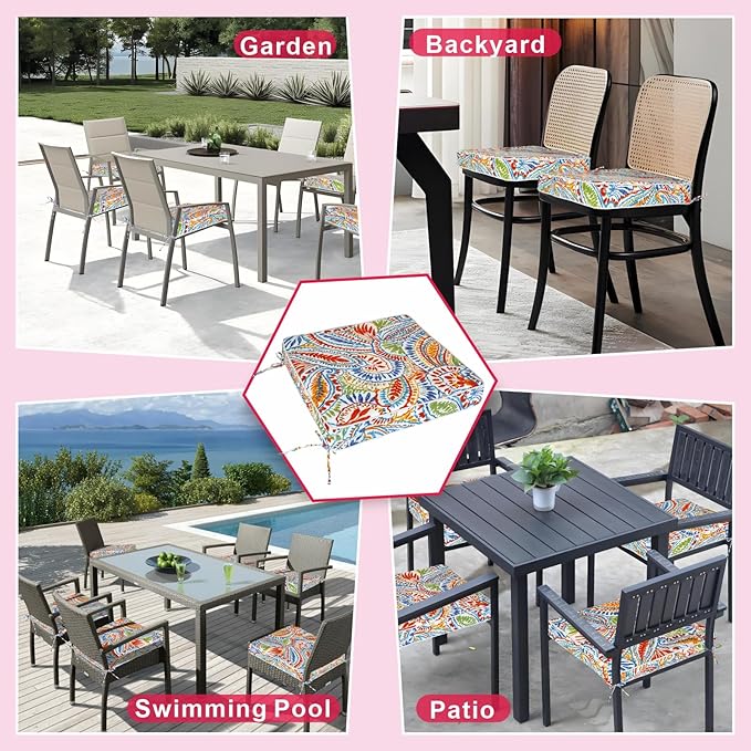 JMGBird Outdoor Chair Cushions Set of 4 - Waterproof Patio Seat Cushions 19x19 Inch with Ties, Paisley Pattern High Density Foam Square Cushions for Garden Furniture